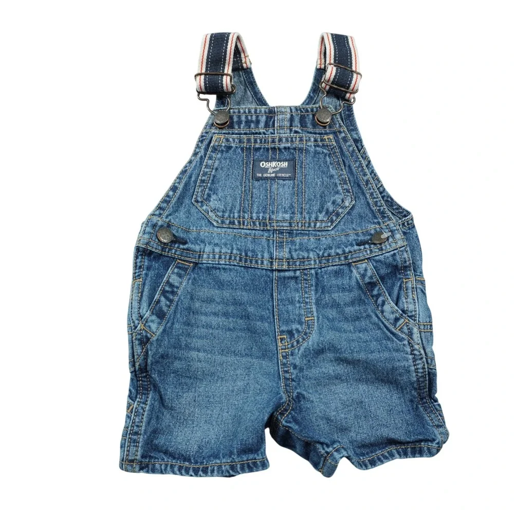 OshKosh Bgosh Baby Boys Blue Denim Shortalls Overalls 9M Striped Straps